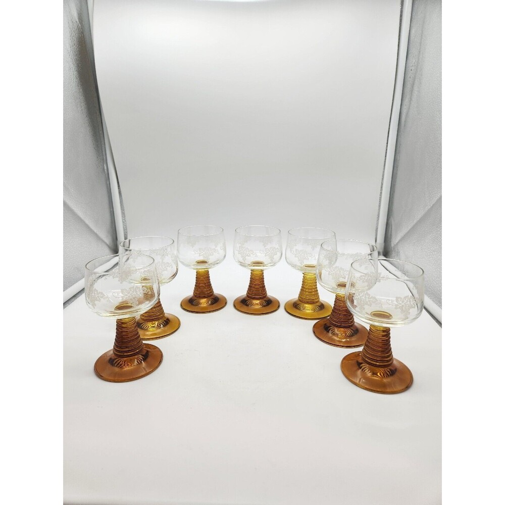 German Rhein Roemer Beehive Amber Glasses, Grape and Leaf, Gold Rim, Set of 7